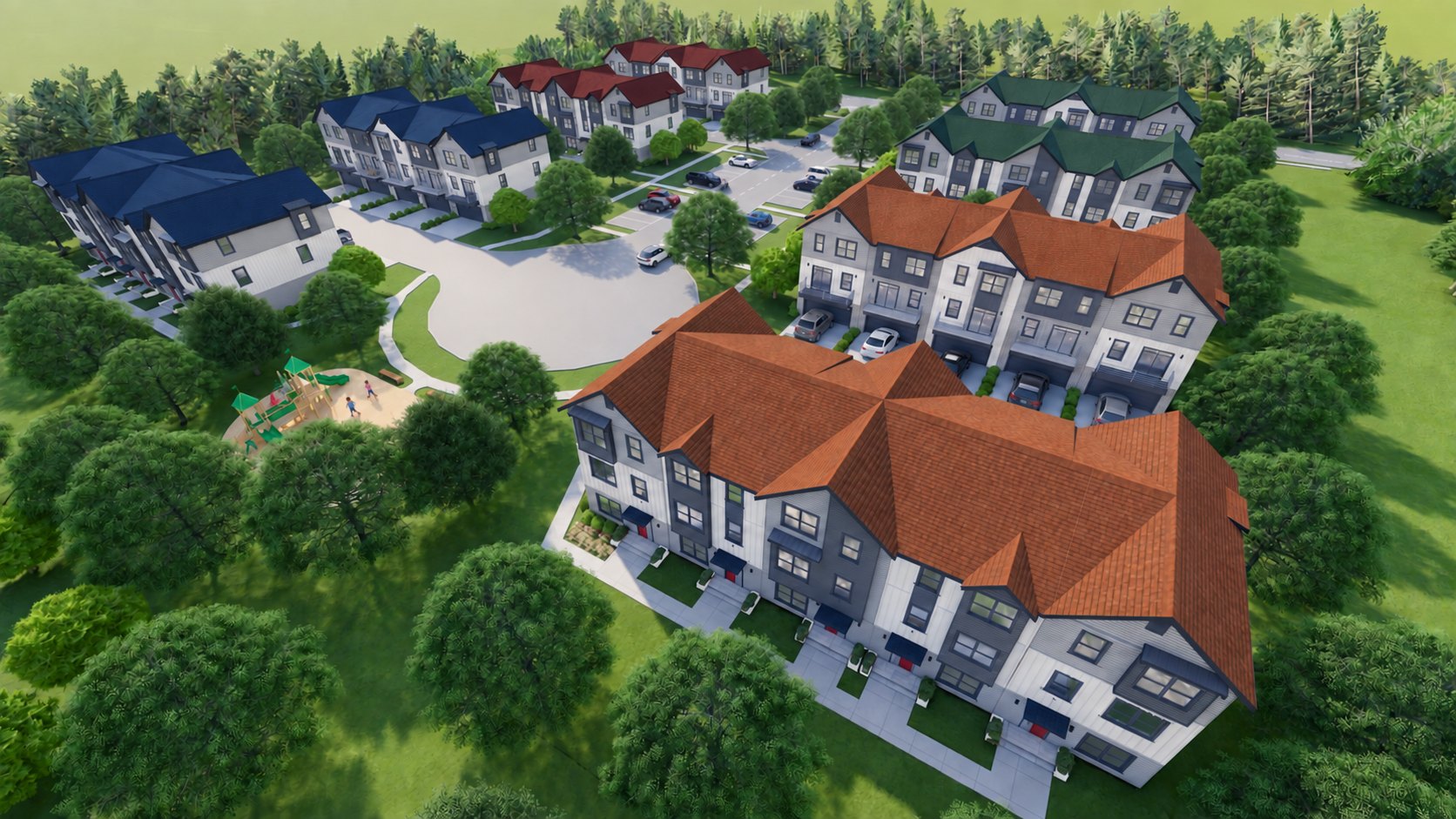 Aerial rendering of Nature Edge showing all four courts